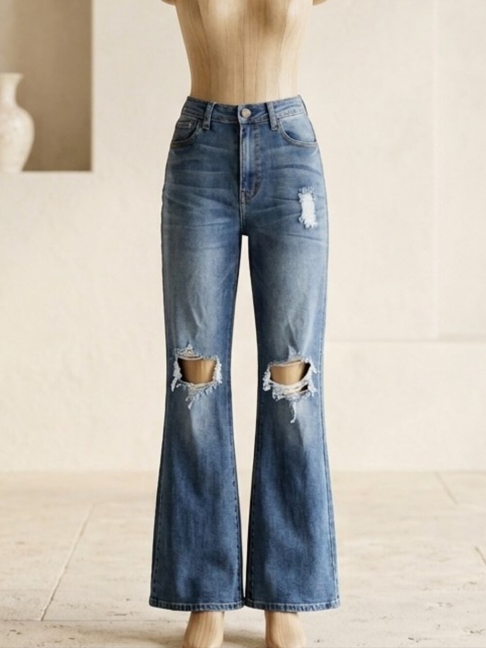Vibrant MIU Dark Blue Distressed Wide Leg Flare Jeans Size 11 (W29)